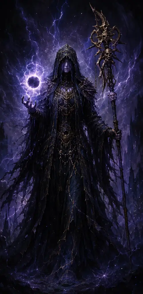The Veil Arcanist, hooded, holding a gilded bone staff, a small black eclipse ringed in violet light above her palm.