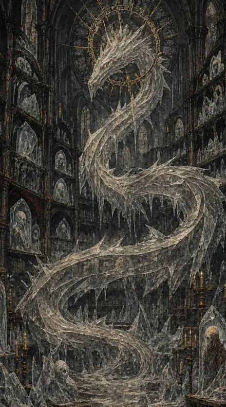 Auralith, a wyrm of ice coiling through a library of frozen shrines.