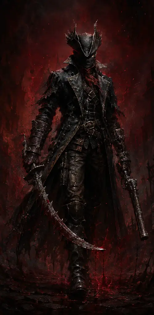 The Sanguine Hunter in a horned hat and long leather coat, a serrated cleaver in one hand and a pistol in the other, in crimson mist.
