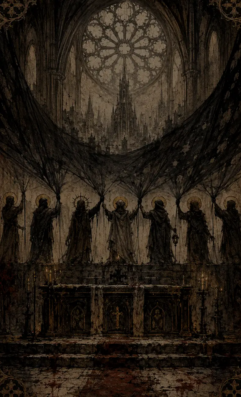 Seven haloed saints holding the torn veil above an altar, a cathedral city beyond it.