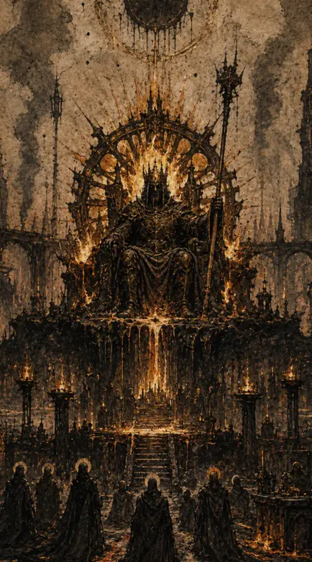 Mordrath enthroned in a throne of slag and fire beneath a black sun, a crowd kneeling below.