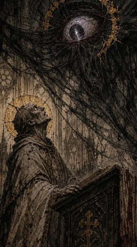 A saint at a lectern looking up into a vast eye that opens in the dark above him.