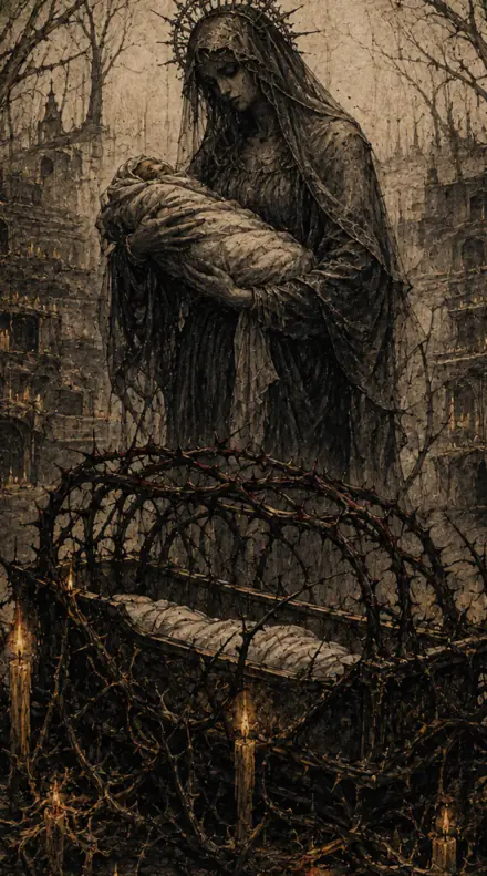 The Briar Widow cradling a swaddled body above a cradle of thorns and candles.
